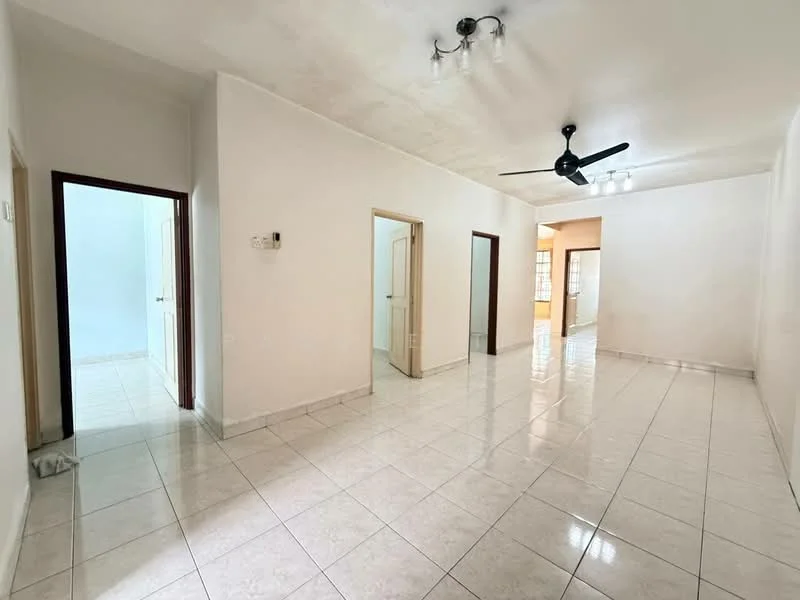 Room features: white painted walls, glossy white tile flooring, ceiling with recessed lights, ceiling fan, doorway leading to another room, doorway leading to a hallway, doorway leading to a kitchen area, natural light from windows; style: modern.