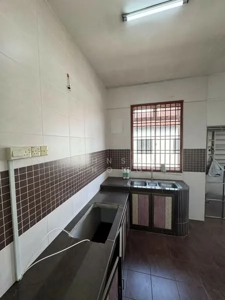 Kitchen features: single-bowl stainless-steel sink, chrome pull-down faucet, black granite countertop, brown wooden cabinetry, white tiled walls, brown tiled backsplash, dark ceramic tile flooring, window with metal grille, overhead fluorescent lighting; style: modern.