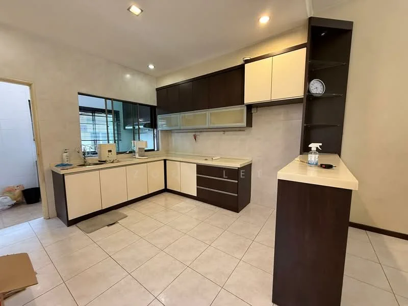 Kitchen features: L-shaped kitchen layout, white laminate upper cabinets, brown laminate lower cabinets, light-colored countertop, stainless-steel sink, single-bowl sink, built-in oven, ceramic tile flooring, recessed ceiling lights, wall-mounted clock, open shelving, window with view to outdoor area, kitchen island with breakfast bar; style: modern.