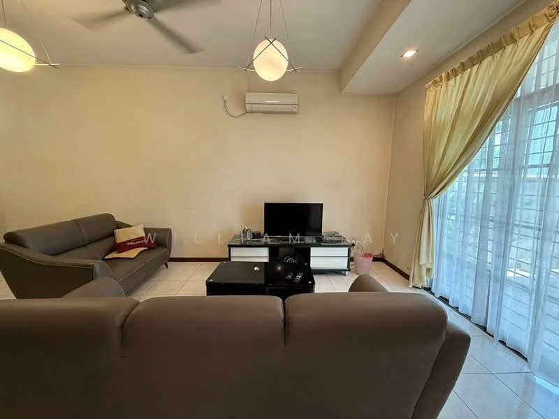 Living features: 3-seater fabric sofa in grey, 2-seater fabric sofa in beige, coffee table, wall-mounted TV, TV console, ceiling fan, recessed downlights, floor-to-ceiling windows with sheer curtains, white painted walls, white tiled flooring, air conditioning unit; style: modern.