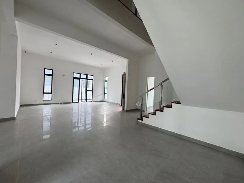 Room features: white painted walls, grey tile flooring, large floor-to-ceiling windows, glass railing on staircase, staircase with wooden steps, high ceiling, recessed downlights, open layout; style: modern.