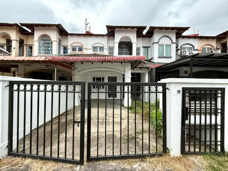 Exterior type: linked terrace house; features: gated entrance, paved driveway, red tiled roof, white painted facade, two-storey structure, front porch area, mature greenery, metal gate, balcony on upper floor, window grills, carport with awning; style: modern.
