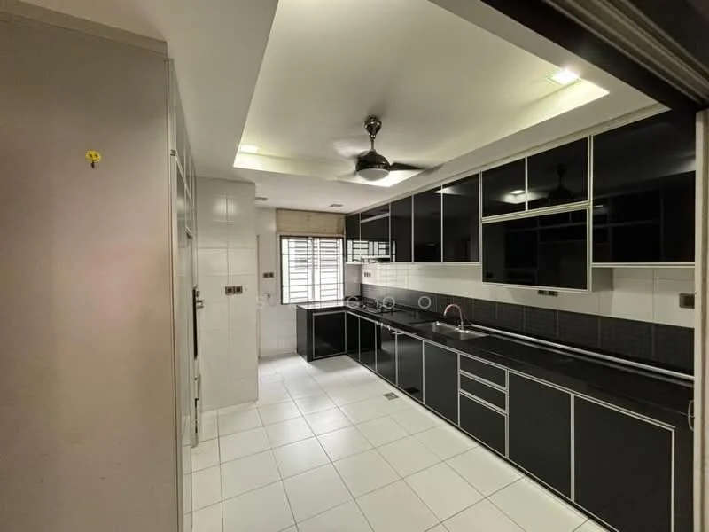 Kitchen features: black cabinetry, white tiled flooring, black countertop, stainless-steel sink, chrome pull-down faucet, built-in oven, freestanding range oven, recessed downlights, ceiling fan, window with blinds, kitchen island; style: modern.