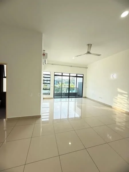 Living features: white painted walls, polished ceramic tile flooring, 5-blade ceiling fan with light, floor-to-ceiling windows, sliding glass door, natural light from windows, air conditioning unit, neutral color scheme; style: modern; view: garden.