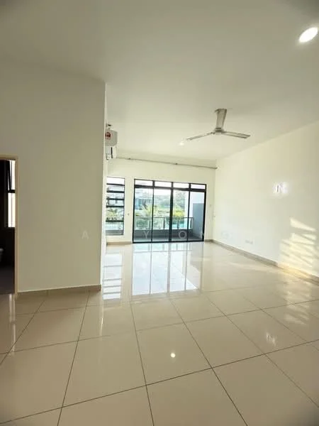 Living features: white painted walls, glossy ceramic tile flooring, 5-blade ceiling fan, floor-to-ceiling windows, sliding glass door, natural light from windows, air conditioning unit, neutral color palette; style: modern; view: garden.