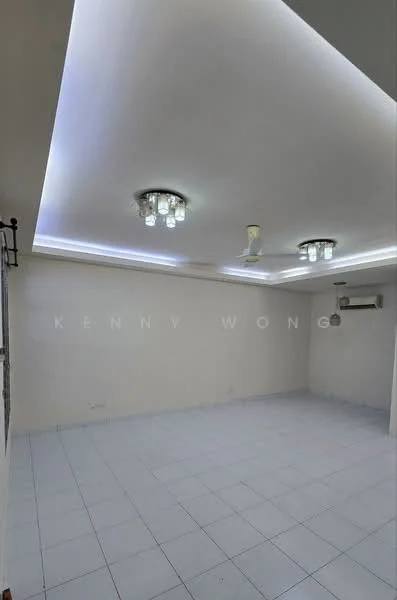 Room features: white painted walls, white ceiling with recessed lighting, 3 ceiling lights with crystal design, 1 ceiling fan, white tiled flooring, air conditioning unit on wall; style: modern.