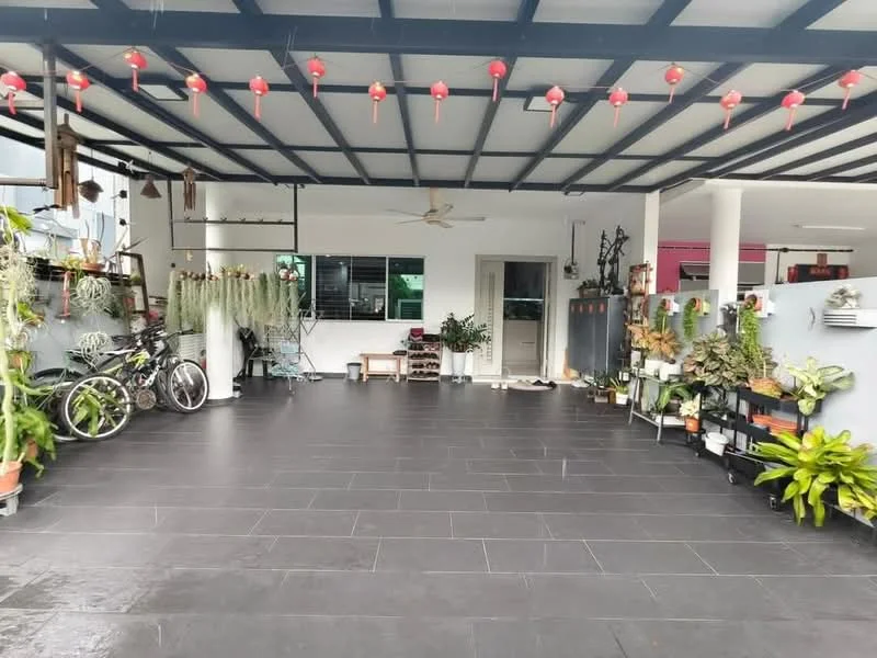 Exterior type: car porch; features: covered car porch, black tiled flooring, blue wooden beams, hanging lanterns, vertical garden with potted plants, bicycles parked, decorative wall planters, ceiling fan, white walls, greenery decor; style: modern.