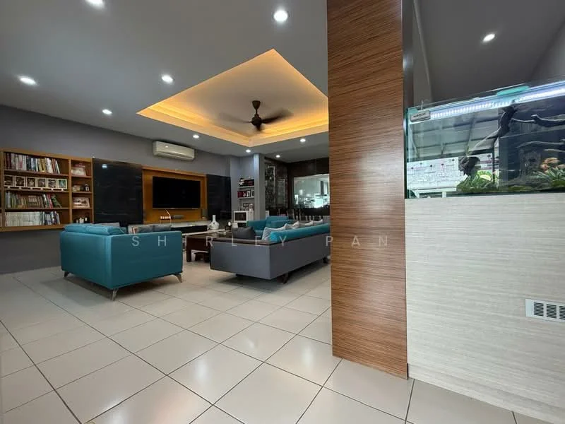 Living features: grey sectional sofa, turquoise fabric sofa, coffee table, TV console, wall-mounted TV, built-in shelving, recessed downlights, ceiling fan, decorative wall paneling, large windows, tile flooring, open layout; style: modern. Room features: light-colored wall, wood paneling, aquarium.
