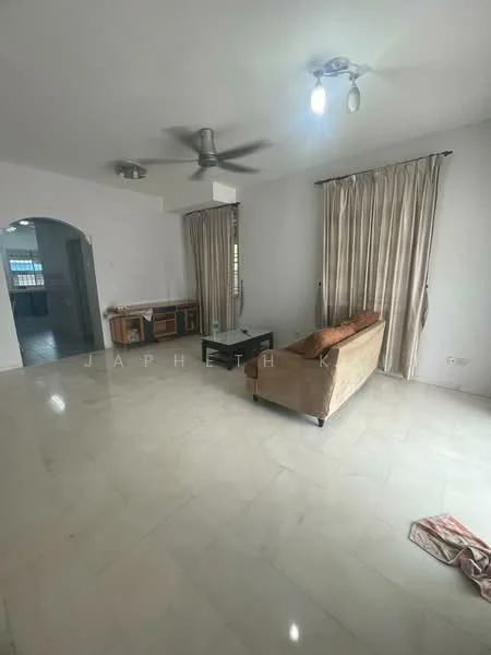 Living features: marble tile flooring, white painted walls, 5-blade ceiling fan with light, recessed downlights, sofa in beige, coffee table, curtains in cream, TV console, area rug, decorative throw pillow; style: modern.