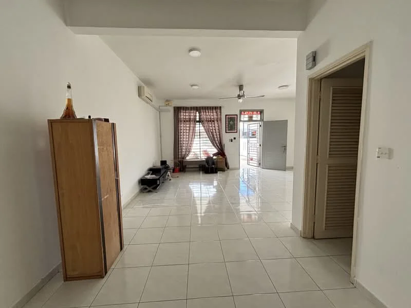 Living features: white painted walls, glossy white tile flooring, ceiling lights, 5-blade ceiling fan, large window with sheer curtains, wooden cabinet, black sofa, coffee table, door leading outside, decorative wall art; style: modern.