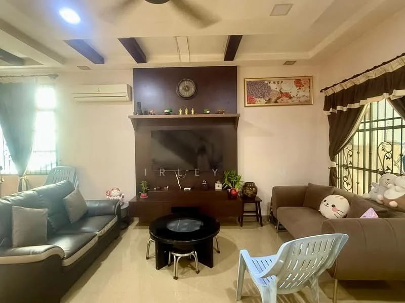 Living features: 3-seater leather sofa in brown, 2-seater fabric sofa in beige, coffee table with circular design, wall-mounted TV, decorative wall shelf, ceiling fan, recessed downlights, wooden ceiling beams, curtains with tiebacks, wall art with floral design, tile flooring, potted plants, decorative plush toys; style: modern.