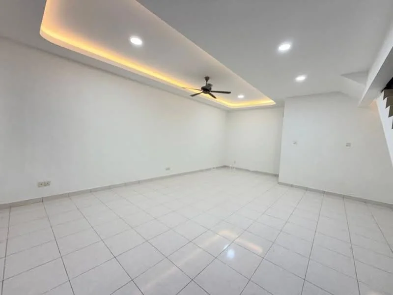 Living features: white painted walls, glossy ceramic tile flooring, recessed downlights, 5-blade ceiling fan, cove lighting, open layout, corner space, no visible furniture; style: modern.