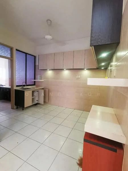 Kitchen features: white tiled flooring, cream painted walls, light wood cabinetry, dark wood upper cabinets, stainless-steel sink, chrome faucet, countertop with backsplash, recessed LED downlights, ceiling fan, open layout, window for natural light; style: modern.