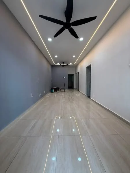 Room features: grey painted walls, white ceiling with recessed downlights, 2 ceiling fans, glossy marble tile flooring, LED strip lighting along the ceiling, open layout, sliding glass doors, natural light from windows; style: modern.