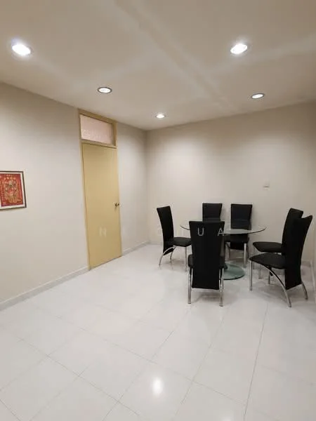 Dining features: round glass dining table, 6 black upholstered dining chairs, white tiled flooring, cream painted walls, recessed downlights, single door, framed artwork on wall; style: modern.