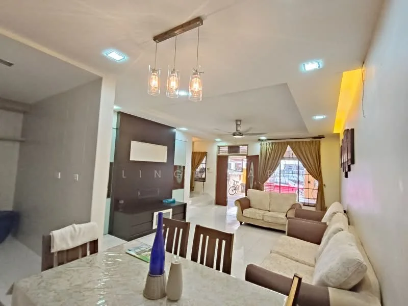Living features: white painted walls, glossy tile flooring, 5-blade ceiling fan with light, sofa set in beige and brown, coffee table, TV console, wall-mounted TV, decorative wall lighting, curtains in brown, open layout to dining area; style: modern. Dining features: dining table with wooden chairs, decorative centerpiece, pendant lighting above table; style: modern.