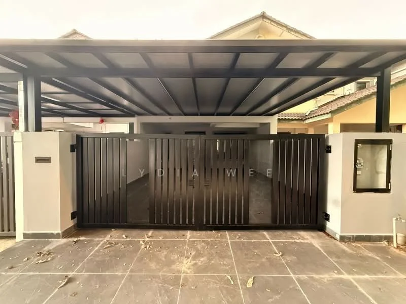 Exterior type: linked terrace house; features: black metal gate, covered car porch, grey tiled flooring, white painted walls, intercom panel, modern architectural design, sliding gate mechanism, surrounded by residential buildings; style: modern.