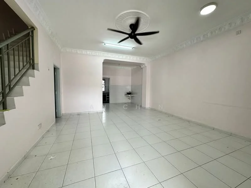 Room features: white painted walls, tile flooring, 5-blade ceiling fan, recessed ceiling lights, open layout, staircase visible, window with grille, no visible furniture or decor; style: minimalist.