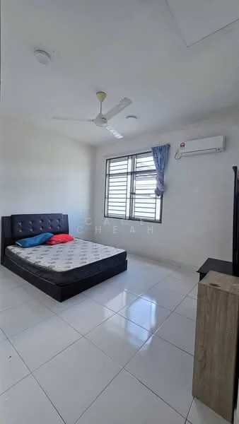 Bedroom features: queen-size bed with upholstered headboard, 2 decorative pillows in red and blue, white painted walls, glossy white tile flooring, ceiling fan with light, 1 wall-mounted split AC, 2 windows with sheer curtains, wooden bedside table, black TV console; style: modern.