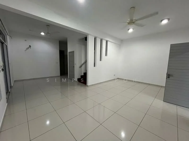 Living features: white painted walls, glossy ceramic tile flooring, 5-blade ceiling fan, recessed downlights, large windows, sliding glass door, staircase visible, neutral color scheme; style: modern.