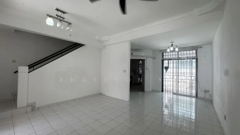 Living features: white painted walls, white tiled flooring, ceiling fan, recessed downlights, large window with security bars, open layout, staircase leading to upper floor, doorway leading to other rooms; style: minimalist.