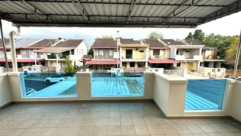 Exterior type: linked terrace house; features: covered balcony, metal roofing, blue glass railing, tiled flooring, surrounding residential buildings, street view, open space, urban setting; style: modern.