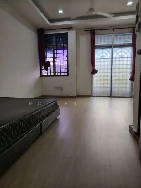 Room features: wooden flooring, white painted walls, ceiling with recessed lighting, floor-to-ceiling window, sliding glass door, sheer curtains, dark-colored curtain, single bed frame, air conditioning unit; style: modern.