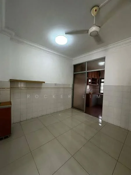 Room features: white painted walls, glossy ceramic tile flooring, ceiling fan, recessed ceiling light, glass sliding door, wooden shelf, kitchen area visible in background.