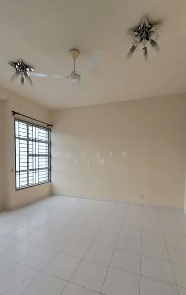 Room features: white painted walls, white tiled flooring, 2 ceiling fans, 3-blade ceiling fan, large windows, window treatments not visible, neutral color scheme, no visible furniture; style: minimalist.