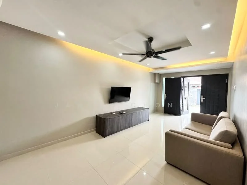 Living features: light grey painted walls, white ceiling with recessed downlights, 5-blade ceiling fan with light, glossy white tile flooring, sofa in light beige fabric, wall-mounted TV, wooden TV console, double-door entrance, natural light from entrance, decorative LED strip lighting; style: modern.
