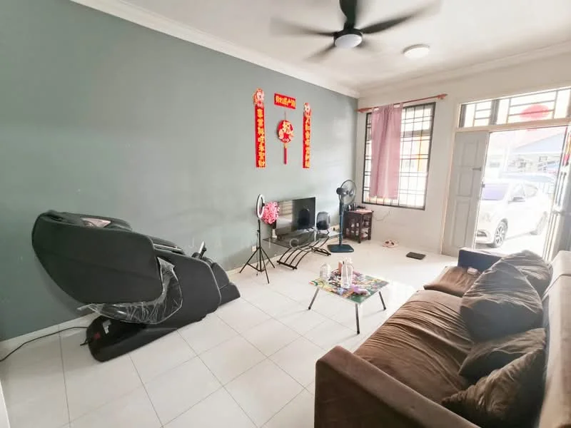 Living features: grey painted walls, white ceiling, white tiled flooring, 3-seater brown fabric sofa, coffee table, floor lamp, wall-mounted TV, air conditioning unit, ceiling fan, large window with sheer curtains, decorative wall hangings, decorative plants; style: modern.