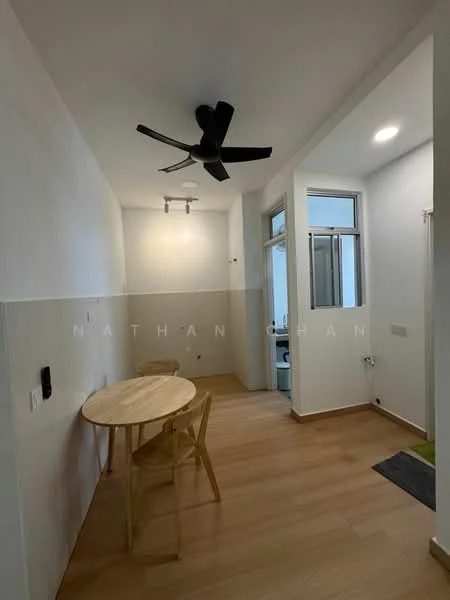 Room features: light wood flooring, white painted walls, ceiling fan with 3 blades, recessed downlights, large window with clear glass, round dining table, 2 wooden chairs, laundry area visible in background, doorway leading to another room; style: modern.