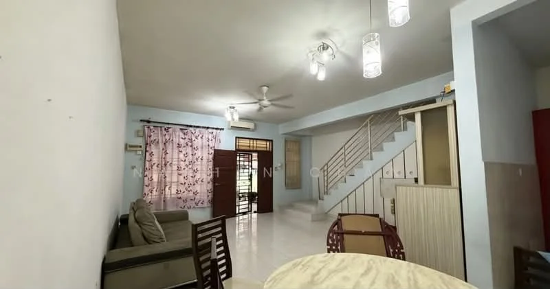Living features: 3-seater fabric sofa in beige, wooden dining table with 4 chairs, ceiling fan, recessed downlights, pink floral curtains, white painted walls, tile flooring, open layout, staircase leading to upper floor, door leading to outdoor area; style: modern.
