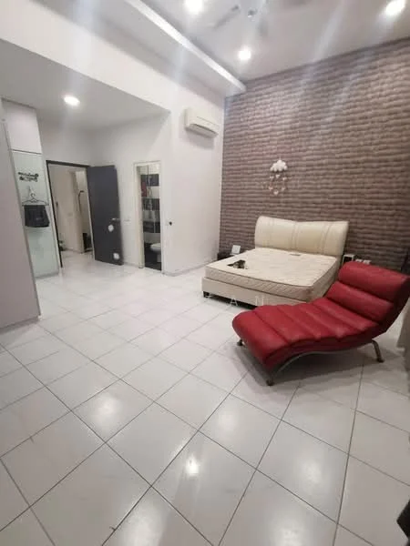 Room features: white painted walls, exposed brick accent wall in brown, white tiled flooring, recessed downlights, 1 wall-mounted split AC, queen-size bed with cream upholstery, red leather lounge chair, glass door leading to bathroom, built-in wardrobe with mirrored doors; style: modern.