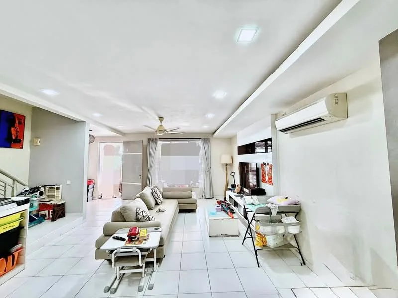Living features: 3-seater fabric sofa in light grey, coffee table, wall-mounted TV, ceiling fan, recessed LED downlights, white painted walls, white tiled flooring, air conditioning unit, decorative artwork on walls, open layout, large windows with sheer curtains; style: modern.