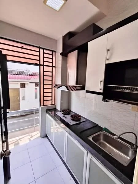 Kitchen features: black granite countertop, white cabinetry with flat-panel doors, stainless-steel sink, chrome pull-down faucet, built-in stove with exhaust hood, wall-mounted shelves, tile backsplash, white tiled flooring, window with horizontal slats, open layout with access to balcony; style: modern.
