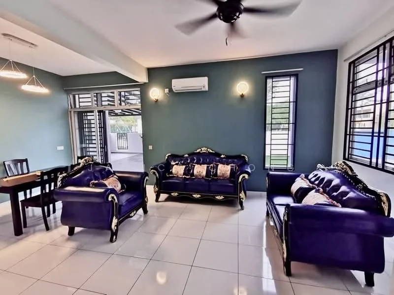 Living features: two blue sofas with ornate detailing, white throw pillows with decorative patterns, black dining table with four chairs, white tiled flooring, green accent wall, air conditioning unit on wall, ceiling fan, large windows with black frames, wall-mounted light fixtures; style: contemporary.