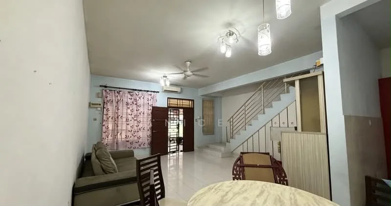 Living features: white painted walls, glossy tile flooring, 5-blade ceiling fan with light, sofa in beige fabric, wooden dining table, 4 dining chairs, curtains with floral pattern, sliding glass door, staircase with white railing; style: modern.