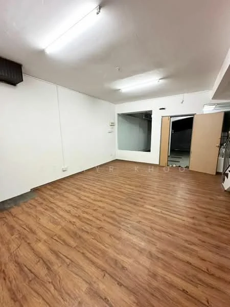 Room features: laminate flooring, white painted walls, exposed ceiling with fluorescent lights, large glass window, double doors, air conditioning unit, open layout; style: modern.