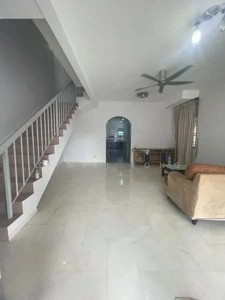 Living features: marble tile flooring, white painted walls, 5-blade ceiling fan with light, sofa in beige fabric, large windows with sheer curtains, open layout, staircase with metal railing, decorative wall light, wooden side table; style: modern. Room features: arched doorway, unknown flooring, unknown walls.