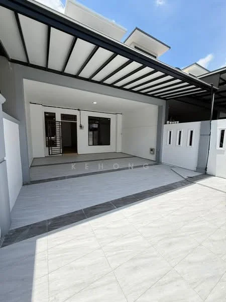 Exterior type: linked terrace house; features: grey painted facade, flat roof, manicured lawn, paved walkway, large windows, sliding glass door, covered porch, outdoor space, white boundary wall, modern architectural design; style: modern.