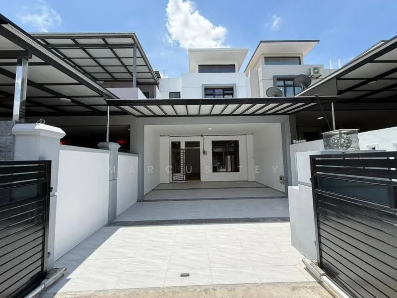 Exterior type: linked terrace house; features: white painted facade, flat roof, black metal gate, paved driveway, covered car porch, exterior wall with stone cladding, multiple air conditioning units visible, manicured landscaping, surrounded by low walls, modern architectural design; style: modern.