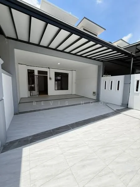 Exterior type: linked terrace house; features: grey painted facade, flat roof, open-air patio, large windows, sliding glass door, porcelain tile flooring, manicured lawn, white boundary wall, covered car porch, modern architectural design; style: modern.