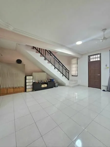 Living features: white painted walls, glossy white tile flooring, ceiling fan, staircase with black railing, large window for natural light, wooden door, built-in storage cabinet, decorative wall clock; style: modern.