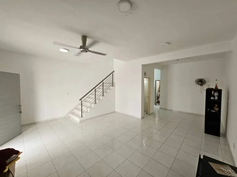 Living features: white painted walls, glossy white tile flooring, 5-blade ceiling fan, recessed downlights, staircase with metal railing, open layout, wall-mounted fan, black storage cabinet; style: modern.