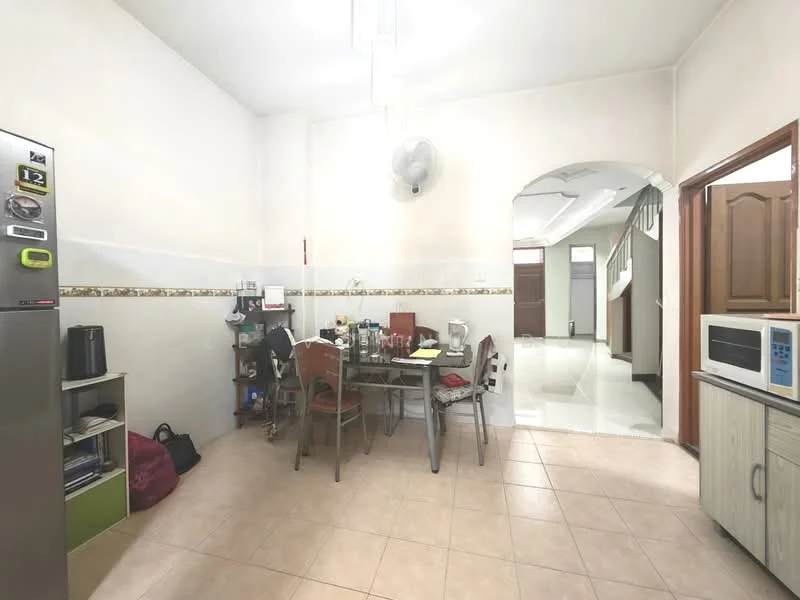 Dining features: tile flooring, white painted walls, ceiling fan, dining table with chairs, microwave, fridge, open shelving, kitchenette area, arched doorway, light fixture, decorative wall tiles.
