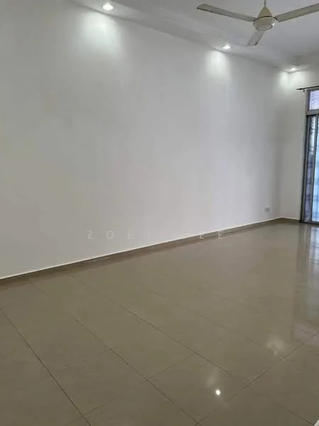 Room features: white painted walls, glossy beige tile flooring, recessed downlights, ceiling fan, sliding glass door; style: modern.