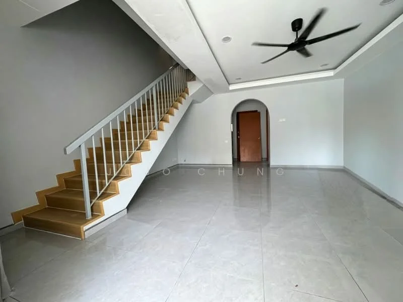 Living features: grey painted walls, white ceiling, 5-blade ceiling fan, large floor tiles, staircase with wooden steps, arched doorway, recessed lighting, open layout; style: modern.