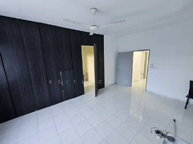 Room features: white walls, tiled flooring, ceiling fan, built-in wardrobe with dark wood finish, doorway leading to another room, doorway leading to bathroom, single chair, light-colored ceiling; style: modern.