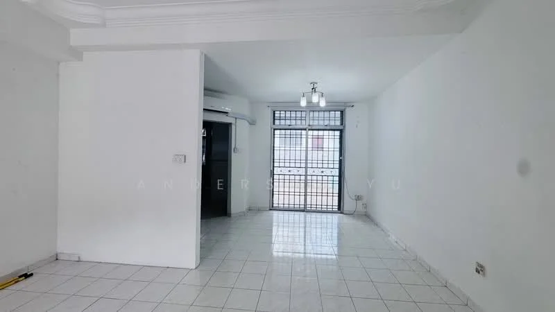 Living features: white painted walls, white ceiling with crown moulding, ceramic tile flooring, floor-to-ceiling windows, sliding glass door, 3-blade ceiling fan, natural light from windows, open layout; style: modern.